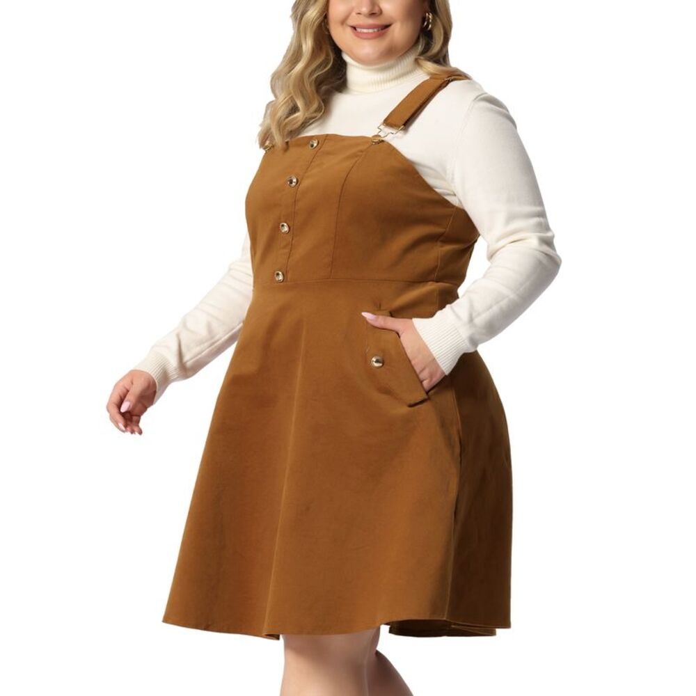 Corduroy Pinafore Plus Size Adjustable Strap Overall Dress Suspender Skirt Brown - Picture 2 of 6